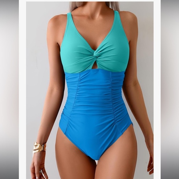 Elegant Two-Toned Blue One-Piece Swimsuit - Picture 3 of 4